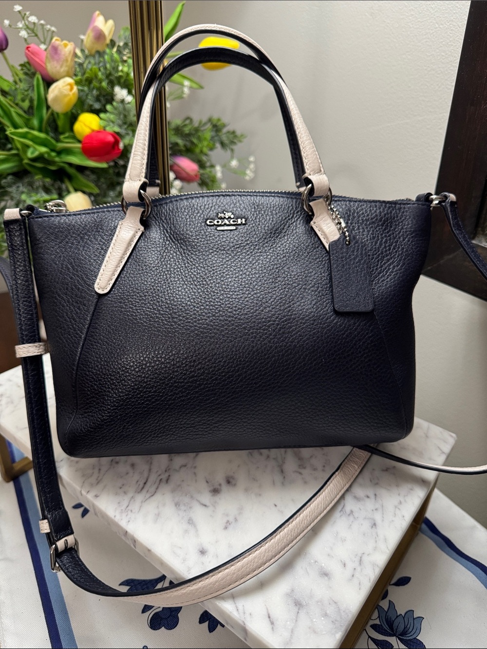 Coach Mini Kelsey Satchel in Navy Pebbled Leather, White trim F59853